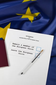 EU Referendum ballot paper, black pen, and passport on the table. photo