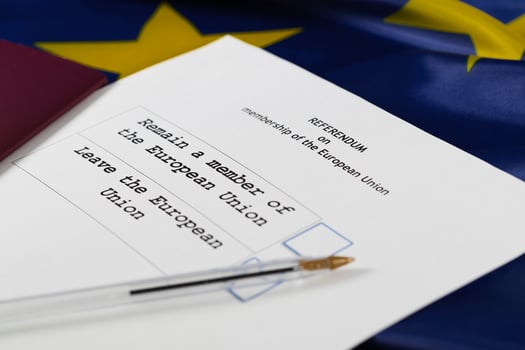 EU Referendum ballot paper, black pen, and passport on the table. photo