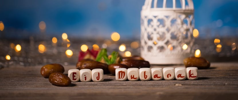 Congratulation EID MUBARAK composed of wooden dices photo