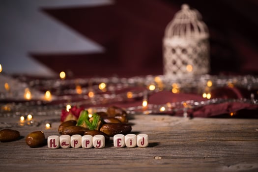 Congratulation HAPPY EID composed of wooden dices photo
