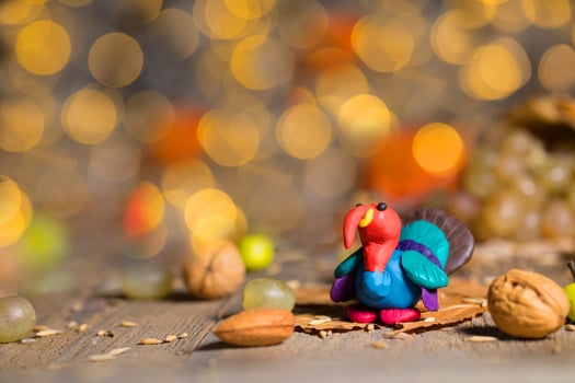 Handmade turkey on Thanksgiving background with blurred night lights. photo