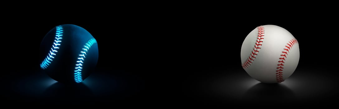 black baseball ball with blue glowing neon lines and baseball ball on dark background photo