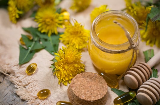 Dandelion  honey in a glass bottle on a piece of sackcloth. photo