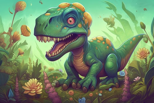Playful and Vibrant Digital Art Hilarious Allosaurus Dinosaur Comic Illustration photo