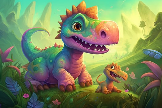Playful and Vibrant Digital Art Hilarious Allosaurus Dinosaur Comic Illustration photo