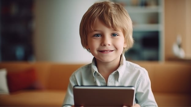 Little boy with tablet pc. Illustration photo