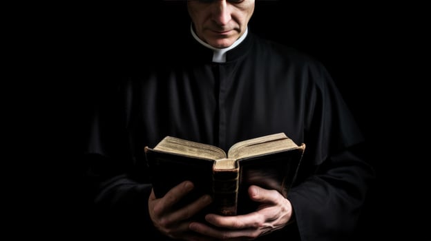 Priest with old Bible on black background, Illustration photo