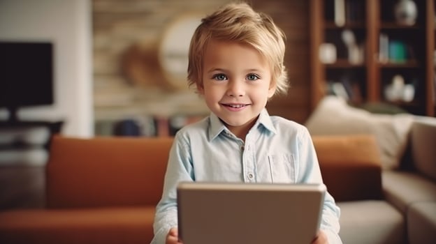 Little boy with tablet pc. Illustration photo