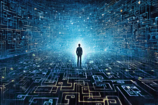 Person silhouette lost in digital maze. Labyrinth in cyberspace. photo