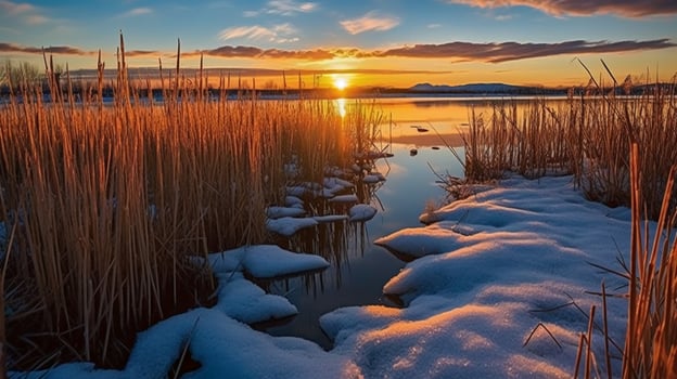 Sunset above the reeds at the edge of the lake. photo