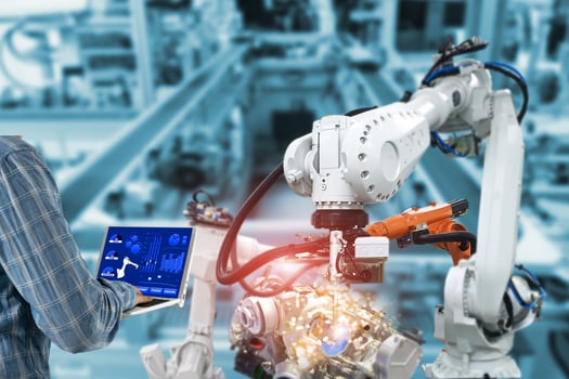 Manager engineer check control automation Robotic arms, industrial robots, factory automation machines photo