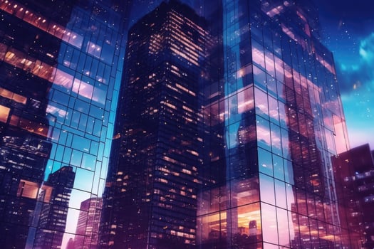 Office buildings in financial district with night lights and sky reflected on modern glass walls of skyscrapers. photo