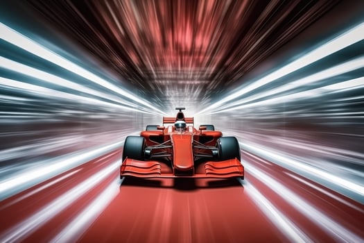 Red racing car in motion in a road. photo