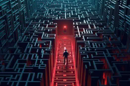 Person silhouette lost in digital maze. Labyrinth in cyberspace. photo