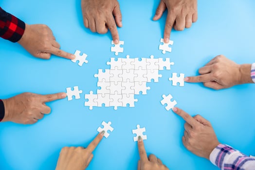 Business team connect puzzle pieces white blue background unity cooperation concept photo