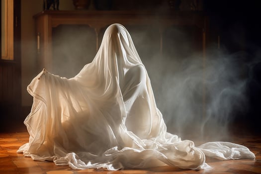 Human in spooky ghosts costume flying inside the old house or forest at night. Spooky halloween background with ghost. Ghost on halloween celebration concept by photo