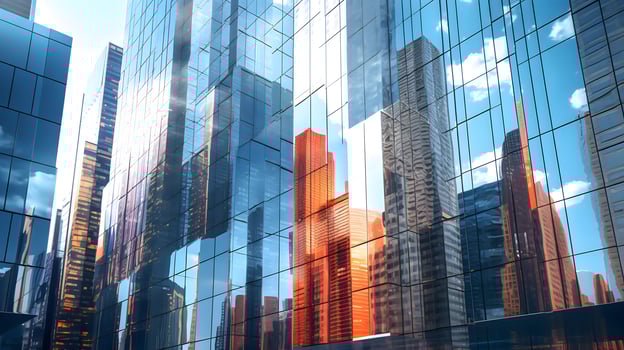 Reflective skyscrapers, business office buildings, business concept, Technology photo