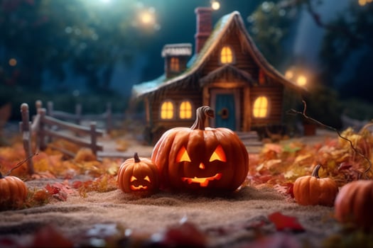 Scary pumpkin and house in night of full moon on halloween celebration concept. Spooky halloween background with pumpkin. Dirty house and pumpkin on halloween celebration concept by photo