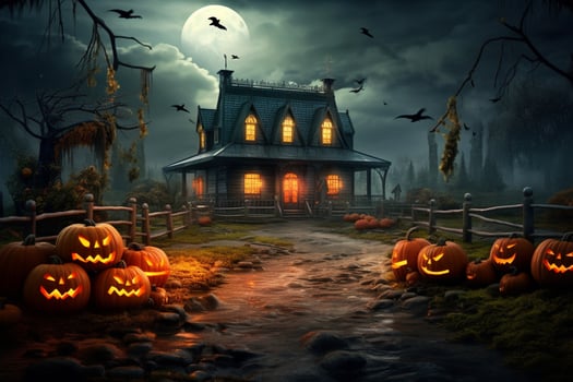 Haunted house on halloween celebration concept. Spooky house halloween background with deserted building and pumpkin. Scary house with creepy building at night by photo
