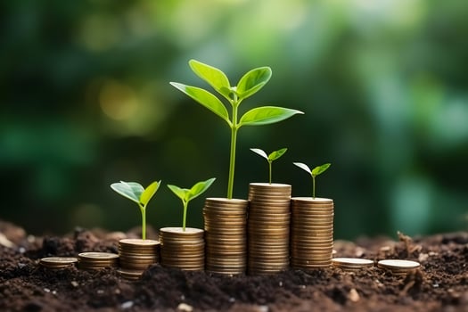 Financial Growth Blooms Seedlings on Stacked Coins, a Vibrant Symbol of Investment and Savings photo