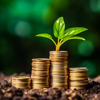 Financial Growth Blooms Seedlings on Stacked Coins, a Vibrant Symbol of Investment and Savings photo