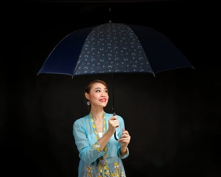 Asian woman in tractional kebaya carrying umbrella on black background photo