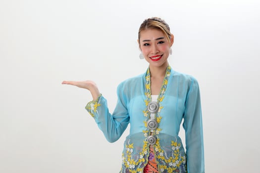Asian woman traditional blue orange kebaya sharong on white  background hand palm show display photo