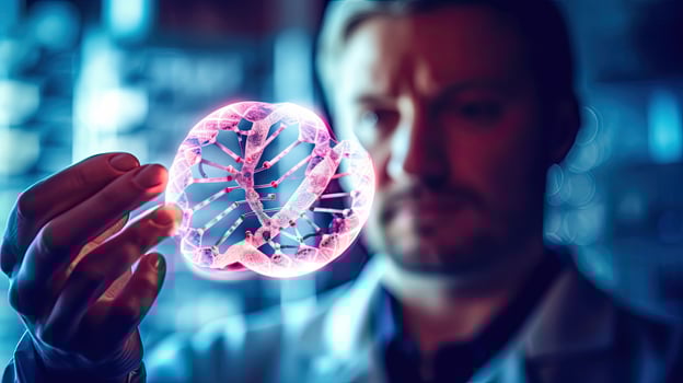Doctor hold human DNA molecular structure. . photo