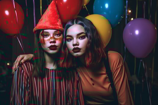 Teenagers friends in costumes celebrating and having fun at halloween party. Young people at costumes party halloween celebration concept by photo