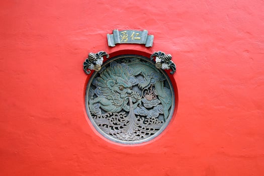 KUALA LUMPUR, MALAYSIA-December 15, 2019  the Guan Di Temple also known as Kuan Ti Temple on Jalan Tun H. S. Lee off Petaling Stret, a beautiful Taoist temple. Decorated stone window photo