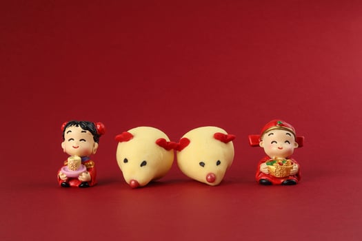 Chinese New Year rat mouse shaped cookie boy girl doll on red background photo