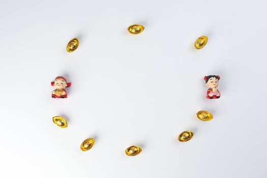 Chinese boy girl doll figurine money syce ingot gold on white background copy space photo