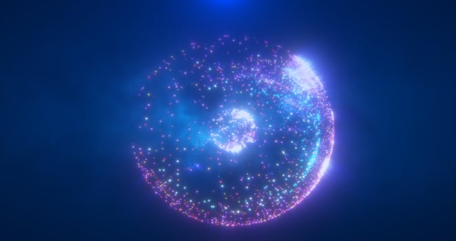 Abstract round blue and purple sphere made of flying particles glowing energy scientific futuristic atom molecule hi-tech background photo