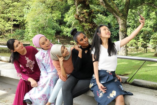 group of five woman Malay Chinese Indian Asian Malaysian outdoor green park lake nature selfie smartphone camera self portrait photo