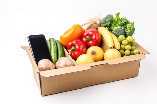 smartphone with food delivery application over table with fresh groceries isolated on white background, generate ai photo