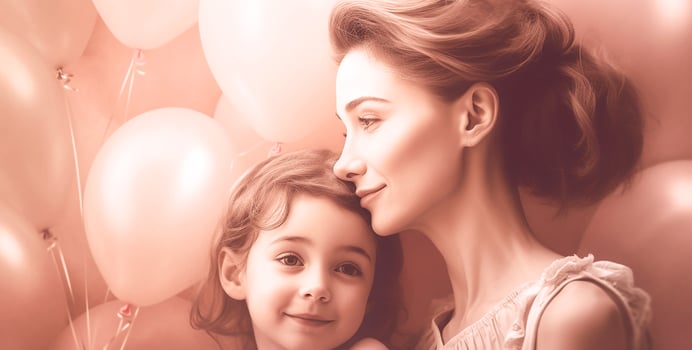 Happy Woman with baby girl, pink background, studio light, family. photo