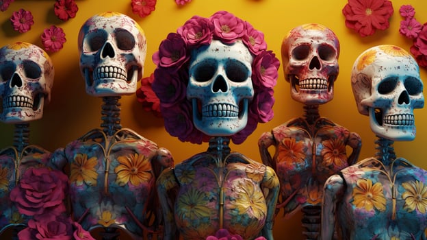 skeleton family, skulls, flowers, dusted, faded, mexican art, day of the dead, hyper detailed, intricate patterns, art deco, vibrant colors, unreal engine, generate ai photo