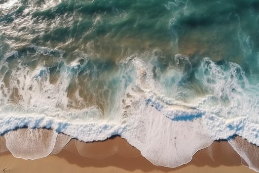 Ocean waves on the beach as a background. Beautiful natural summer vacation holidays background. Aerial top down view of beach and sea with blue water waves, generate ai photo
