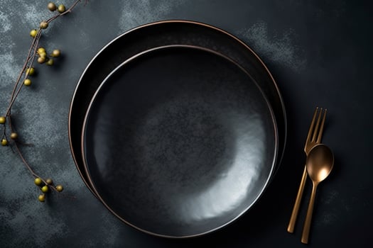 Black craft plate on dark stone table. Top view, copy space, Table setting. background for menu, layout, place for text , recipe background, food flat lay background, generate ai photo