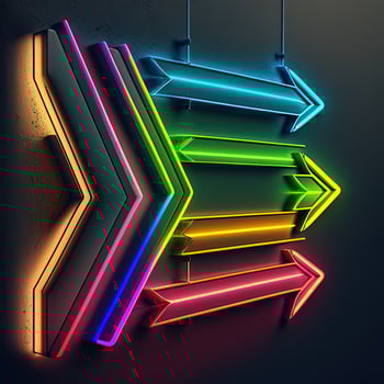 Abstract Colorful Neon Arrows on Dark Wall, Created by Technology. photo
