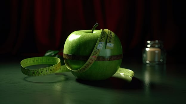 A Green Apple Beside Bar of Measuring Tape and Jar Against Red Curtains Background. . photo