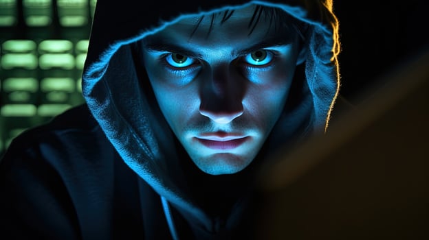 Closeup Portrait of Young Man Wearing Hoodie Jacket, Dark Background. . photo