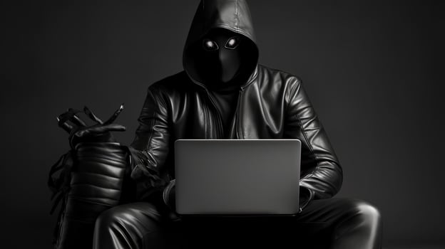 Portrait of Victim Man Wearing Black Mask with Black Leather Jacket and Working on Laptop and Near A Bag. . photo