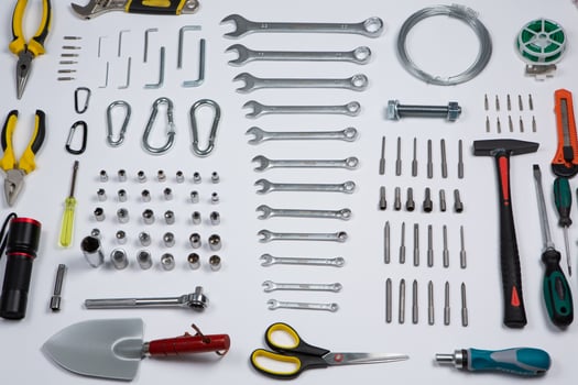 Set of tools for construction or the house. Wrench, pliers, hammer, screwdriver, flashlight, bold, scissors, knife and others. photo