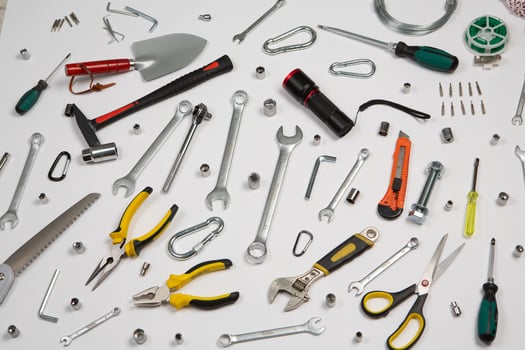 Set of tools for construction or the house. Wrench, pliers, hammer, screwdriver, flashlight, bold, scissors, knife and others. photo