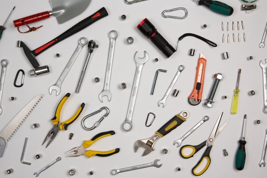 Set of tools for construction or the house. Wrench, pliers, hammer, screwdriver, flashlight, bold, scissors, knife and others. photo