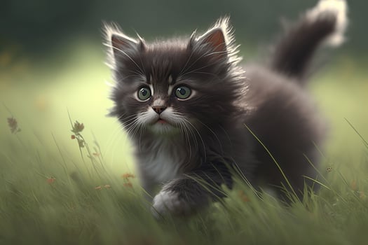 Cute gray kitten walking on grass, funny fluffy pet playing outdoors. Little cat animal theme, photo