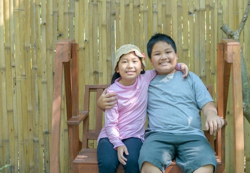 Happy Brother and sister smile and sit on swing. photo