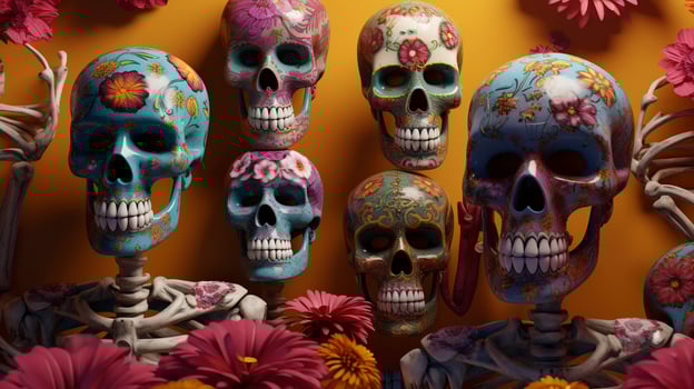 skeleton family, skulls, flowers, dusted, faded, mexican art, day of the dead, hyper detailed, intricate patterns, art deco, vibrant colors, unreal engine, generate ai photo