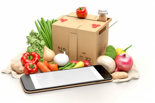 smartphone with food delivery application over table with fresh groceries isolated on white background, generate ai photo